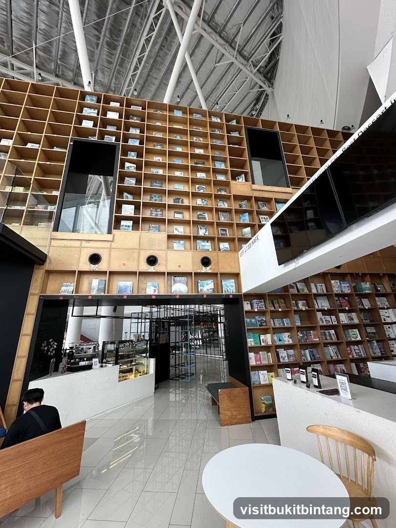 Interior of a cafe with bookshelves