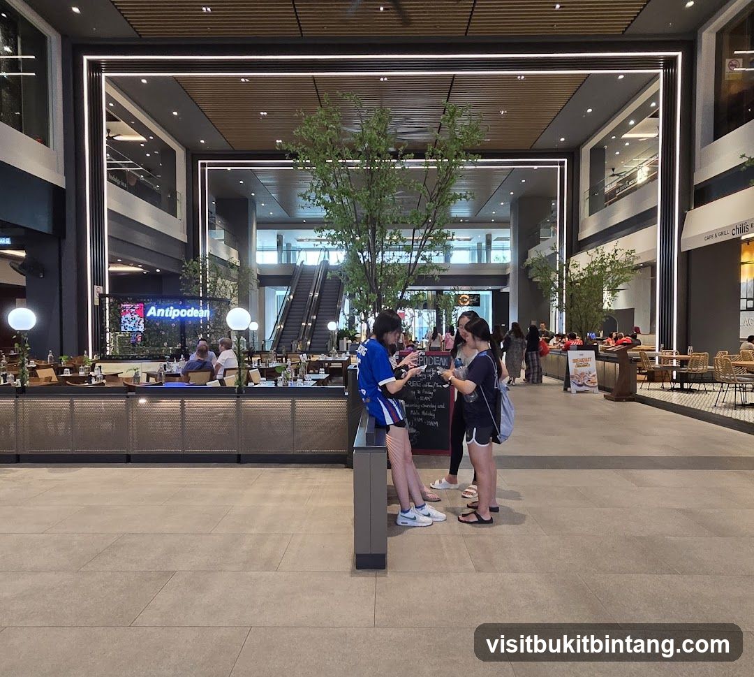 People in a modern indoor shopping area