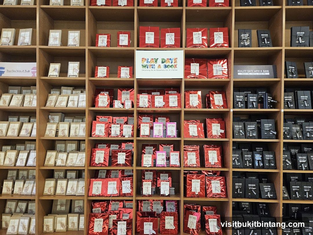 Books and gifts on shelves