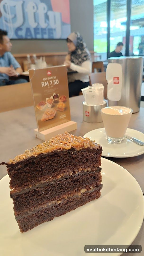 Chocolate cake and coffee at a cafe