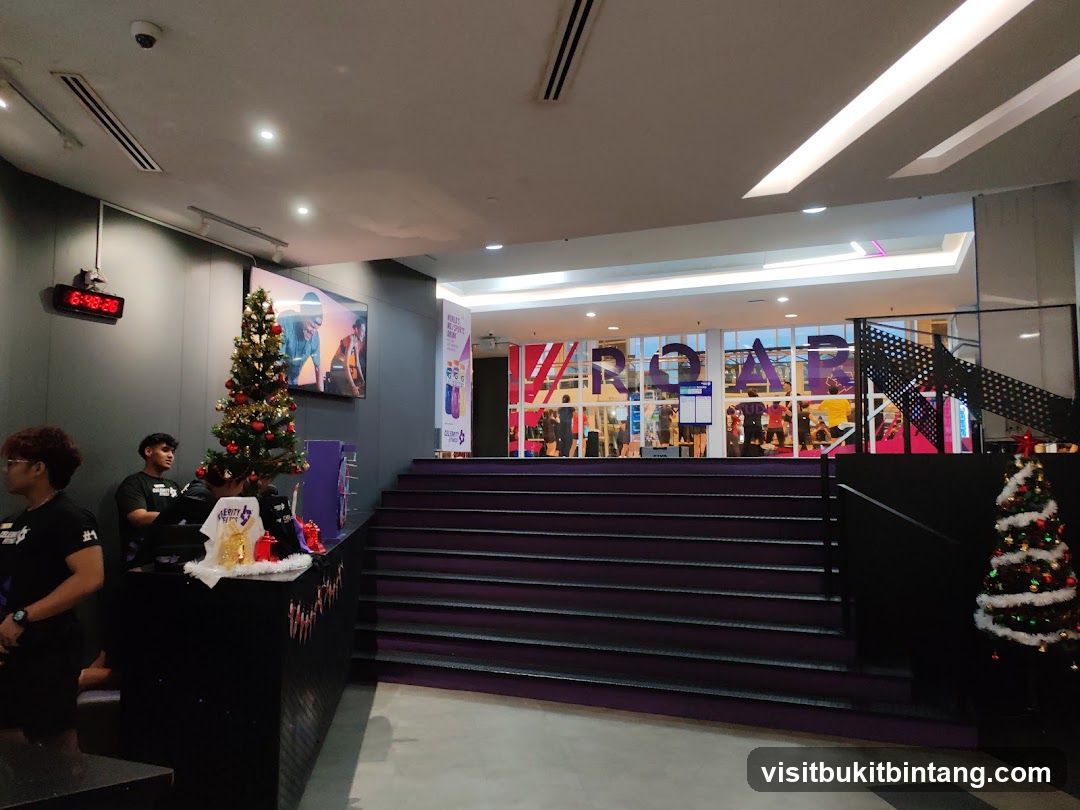 Indoor view of a gym entrance with Christmas decorations