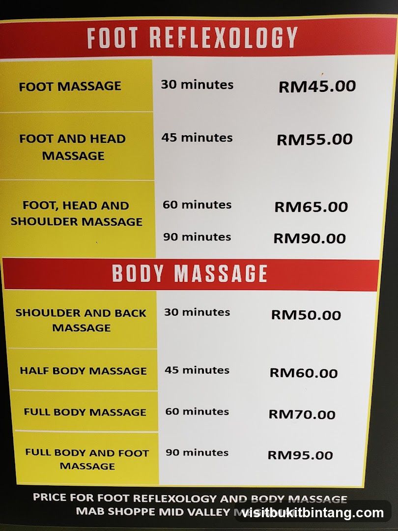 Foot Reflexology and Body Massage Menu