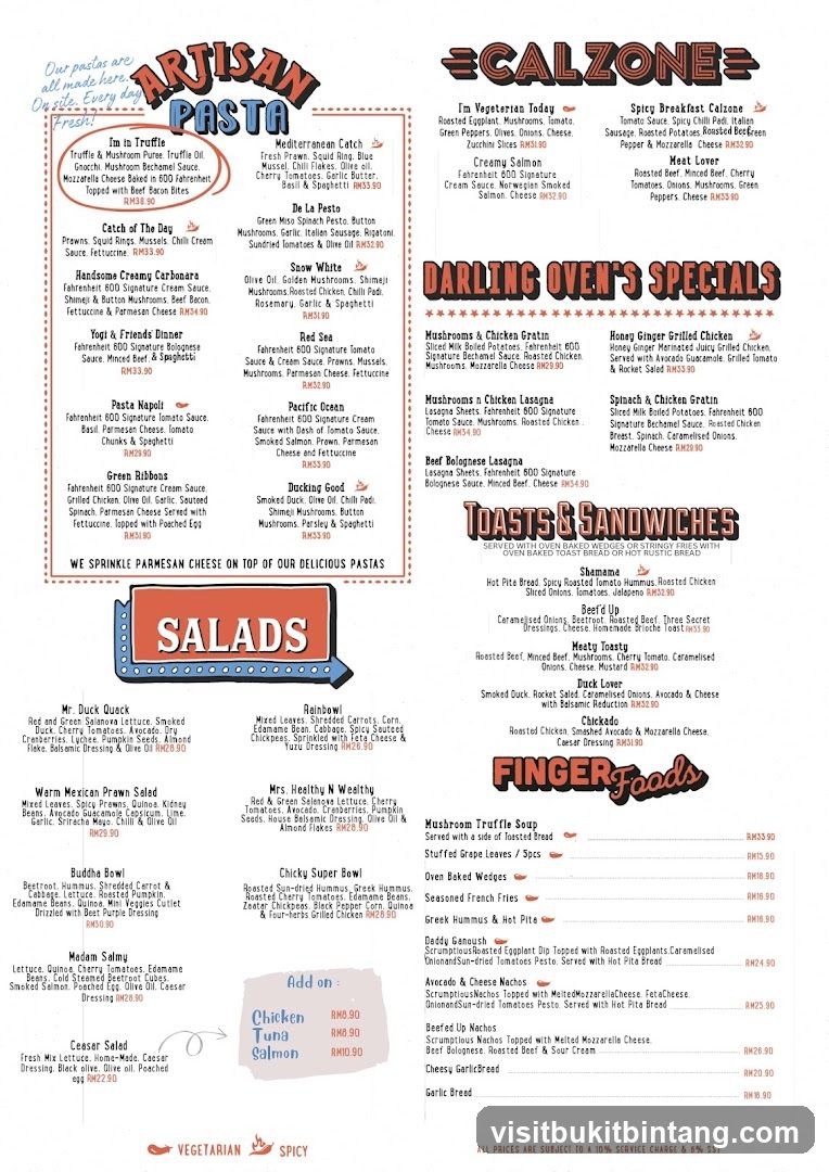 Artisan Pasta, Calzone, Darling Oven's Specials, Salads, Toasts & Sandwiches, Finger Foods