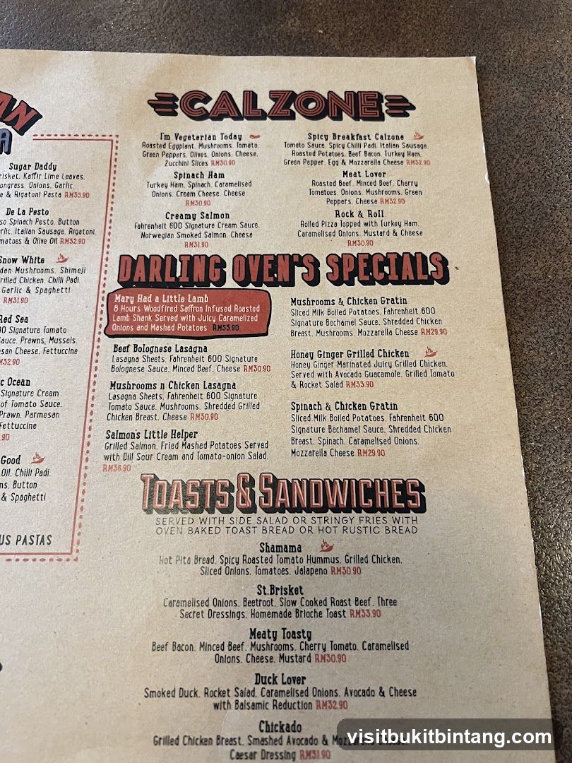 CALZONE DARLING OVEN'S SPECIALS TOASTS & SANDWICHES