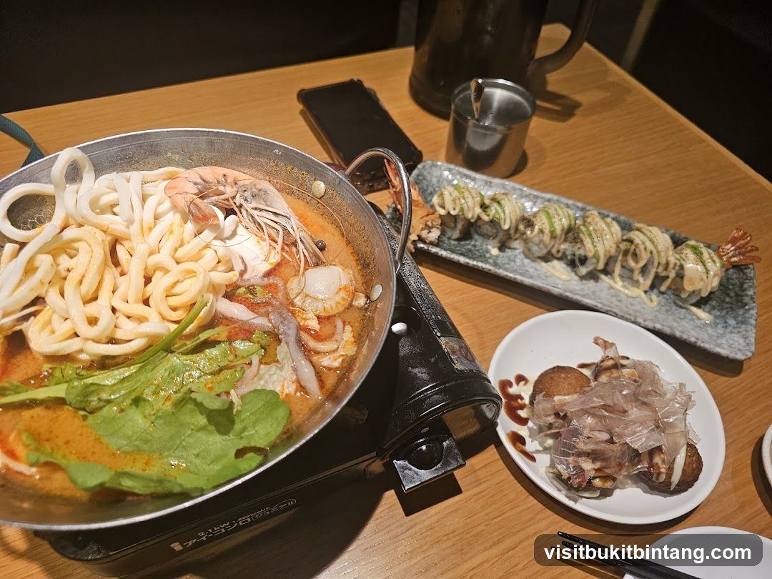 Seafood Noodle Soup, Sushi Rolls, and Takoyaki