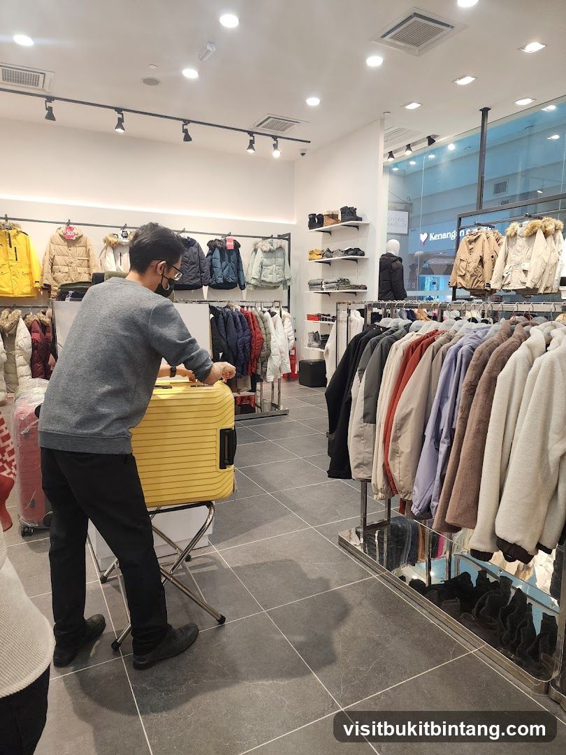 Man examining a yellow suitcase in a clothing store