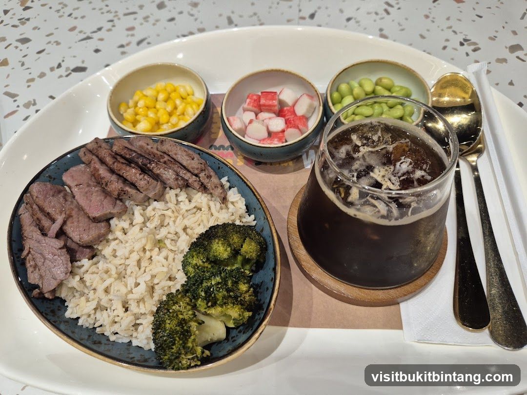 Steak and Rice Bowl with Sides and Drink