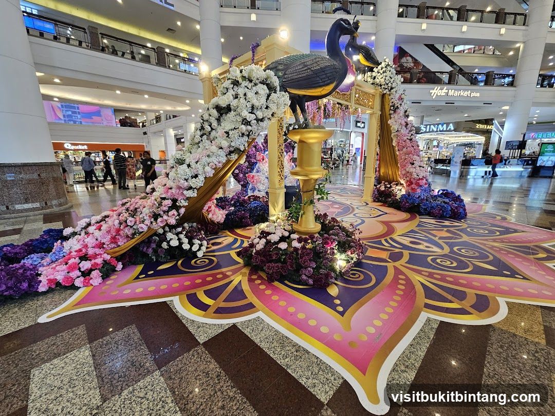 Mall Decoration with Peacock Statues and Flowers