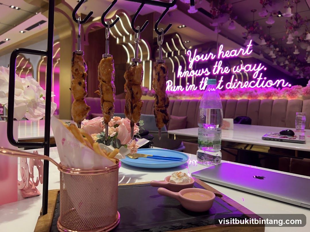 Restaurant Interior with Food and Neon Sign