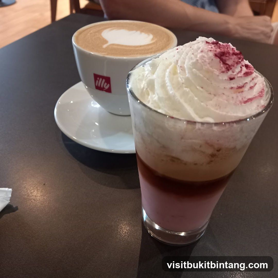 Coffee and layered drink with whipped cream