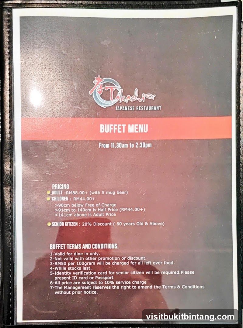 Takachio Japanese Restaurant Buffet Menu