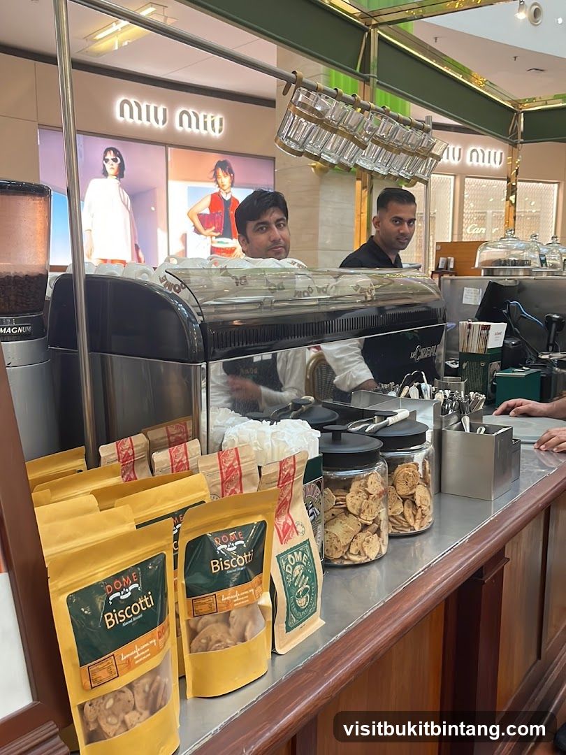 Coffee counter with biscotti and staff