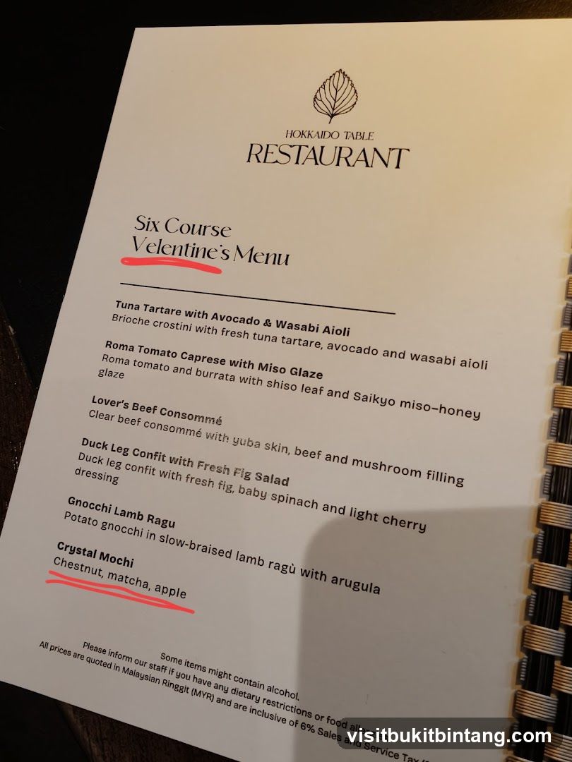 Hokkaido Table Restaurant Six Course Velentine's Menu