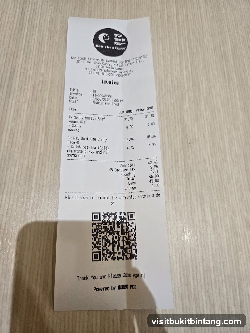 Ken-chan Curry Receipt