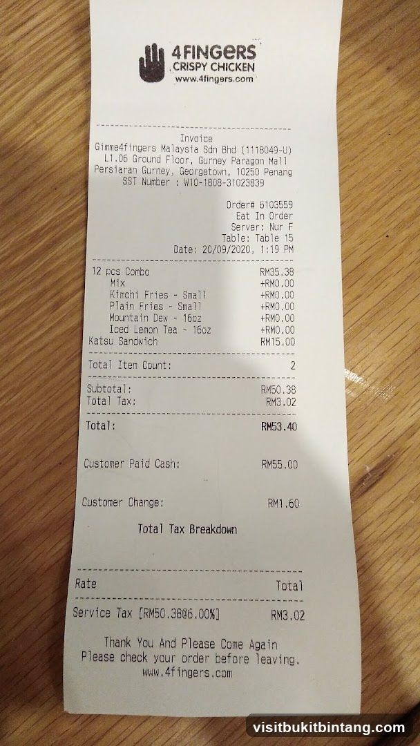 Receipt from 4Fingers Crispy Chicken