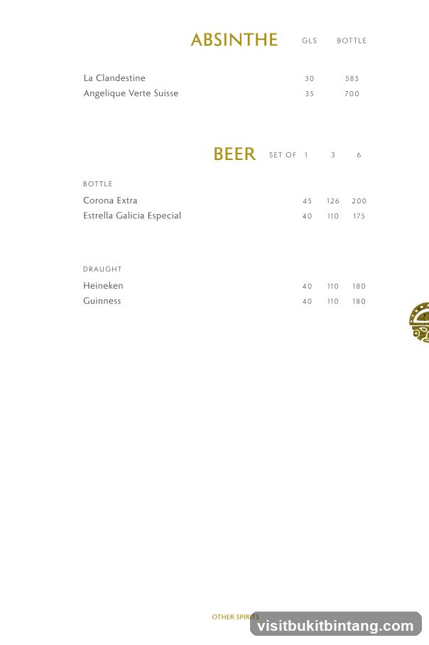 Absinthe and Beer Menu