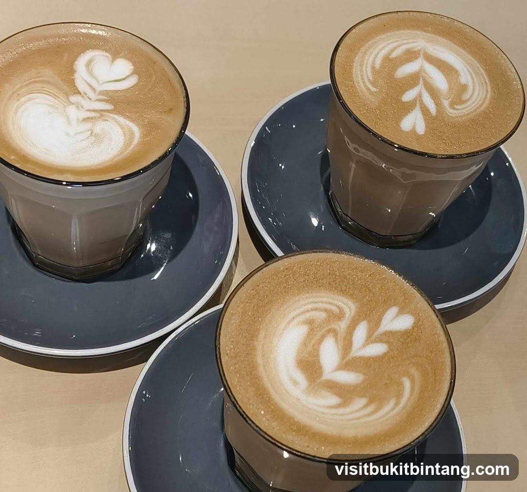 Three coffees with latte art