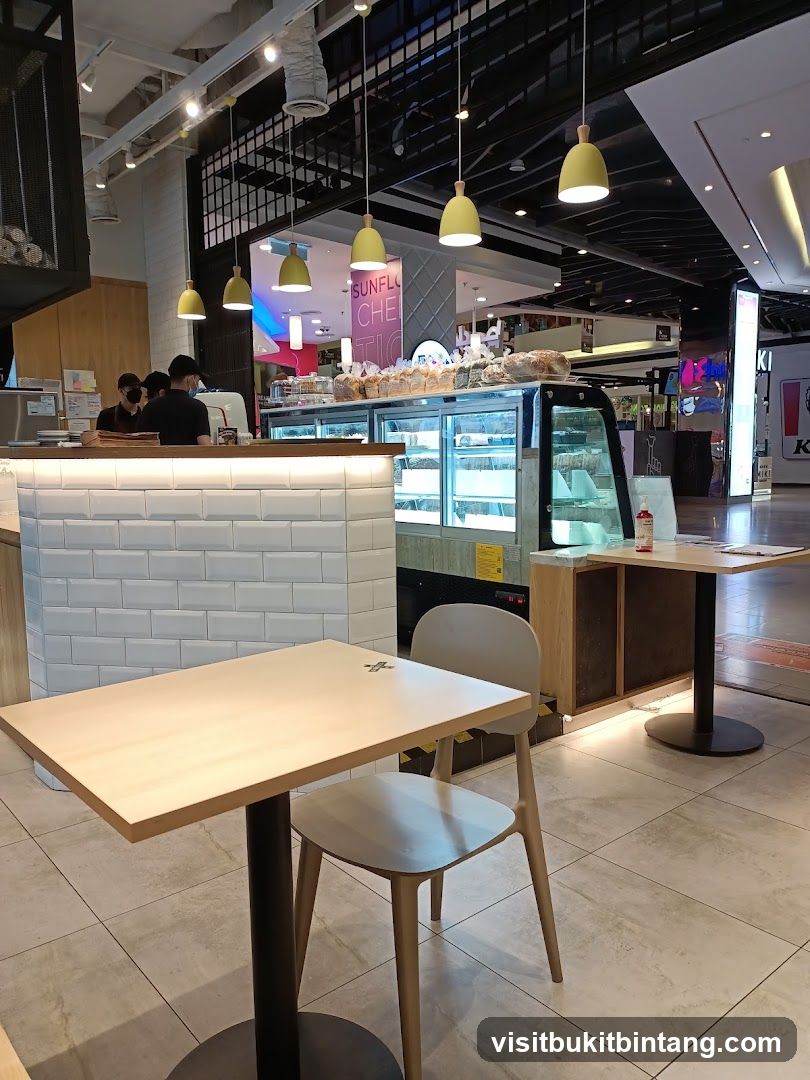 Cafe Interior with Display Cases and Seating