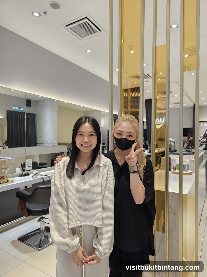 Two women posing in a salon