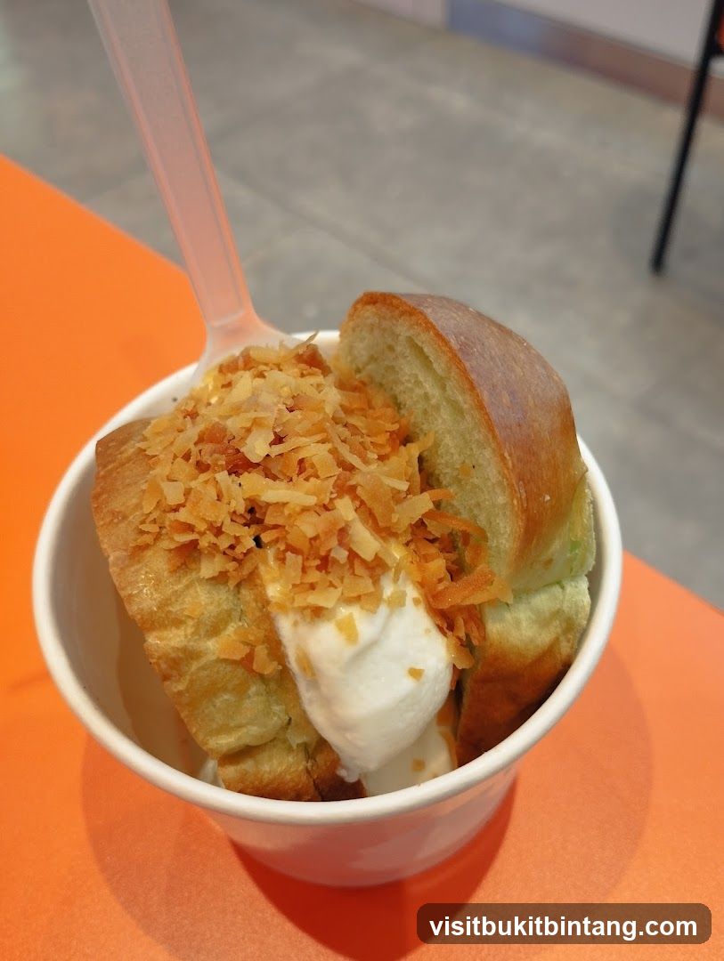 Ice cream dessert with bread and coconut flakes
