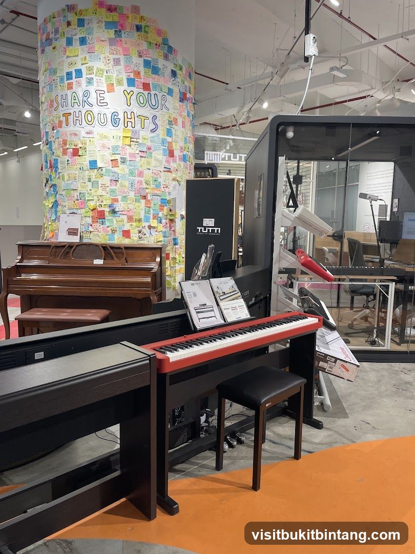 Pianos and a "Share Your Thoughts" display