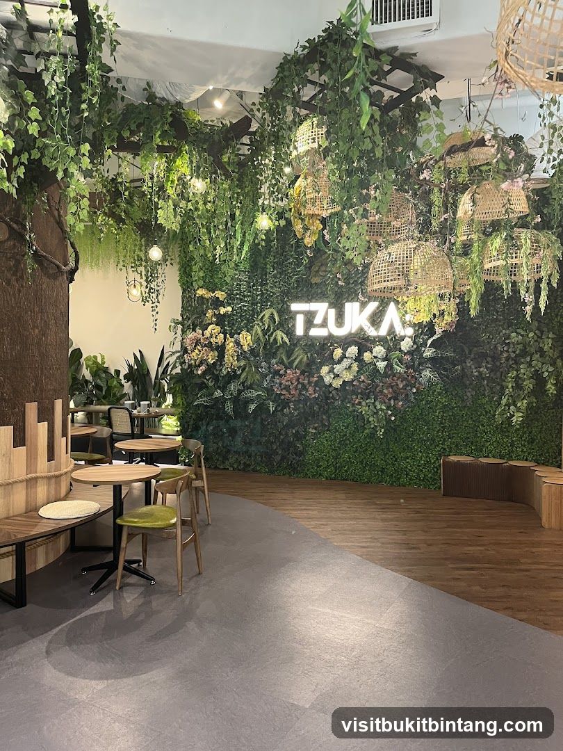 Cafe interior with lush greenery and neon sign