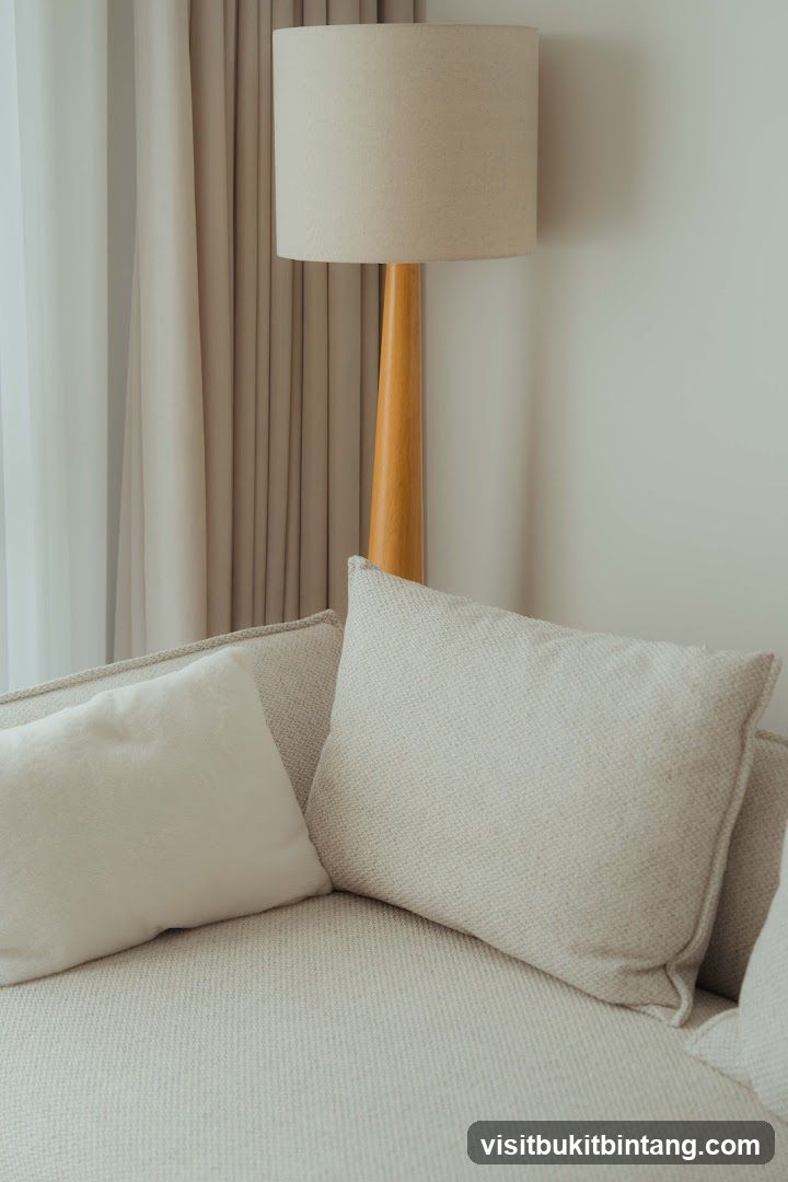 Sofa with Cushions and Floor Lamp
