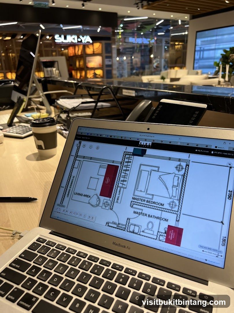 Office desk with laptop displaying floor plan