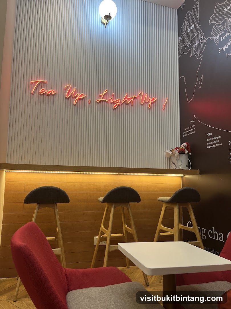 Tea shop interior with neon sign