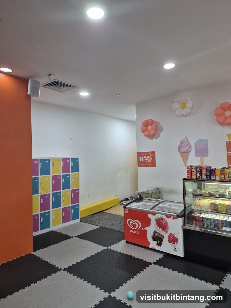 Indoor play area with lockers and freezer