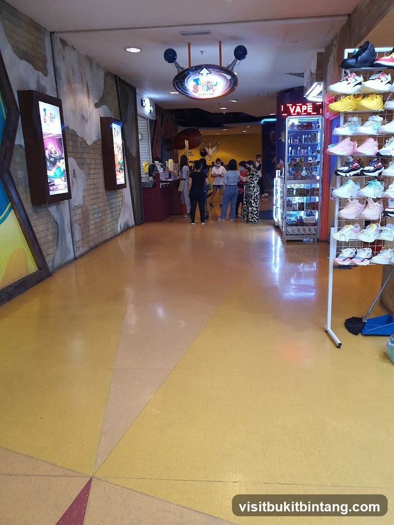 Indoor shopping area with various shops