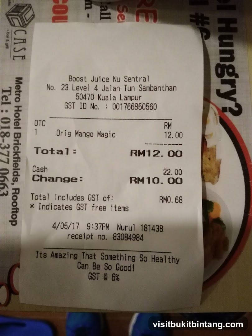 Receipt from Boost Juice Nu Sentral