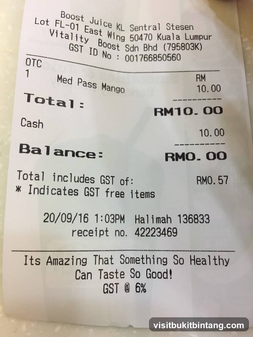 Boost Juice Receipt