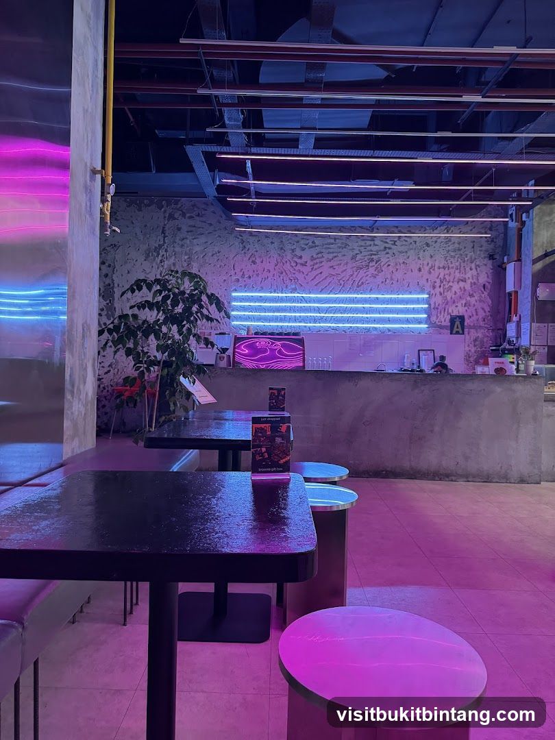 Modern Cafe Interior with Neon Lighting