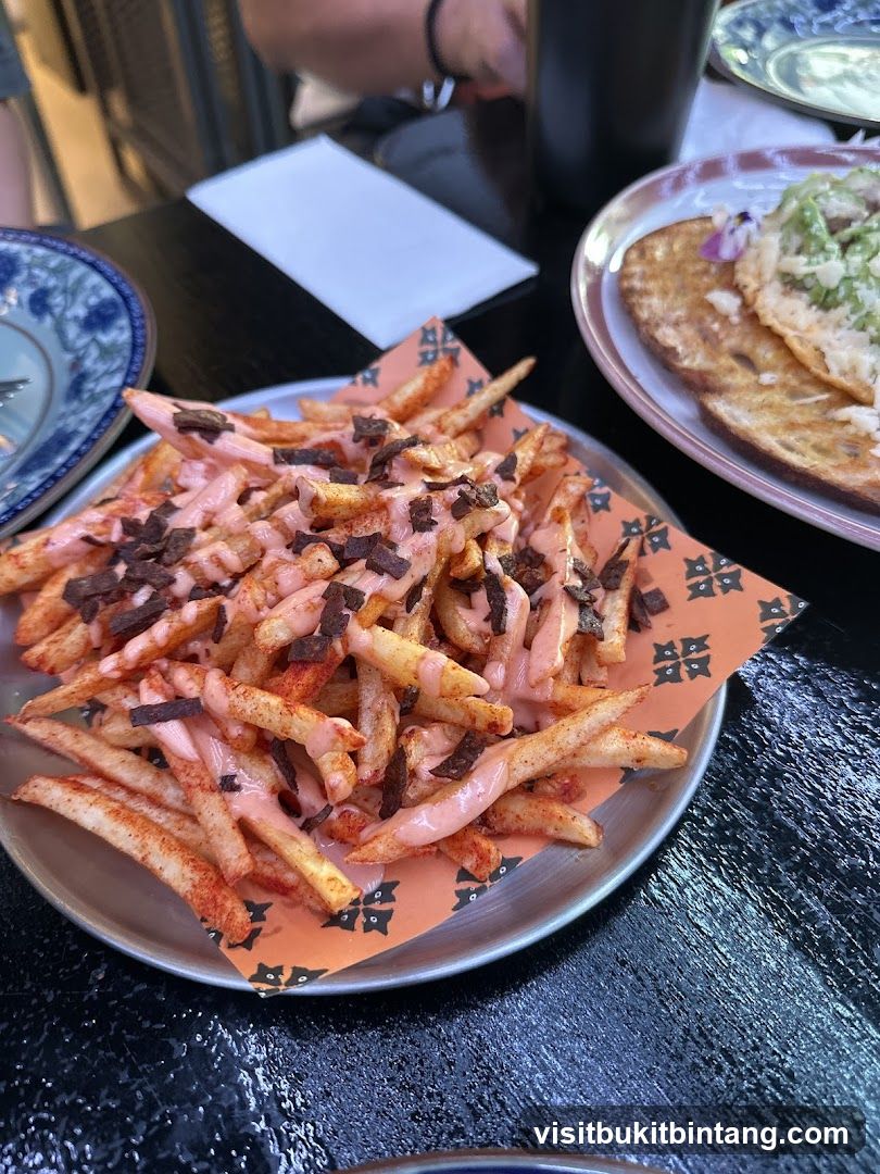Fries with pink sauce and toppings