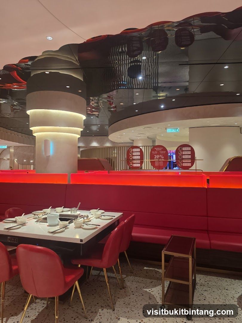 Restaurant Interior with Red Seating and Hot Pot Table