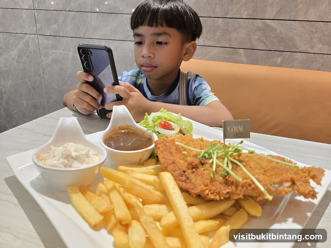Boy with Phone and Meal