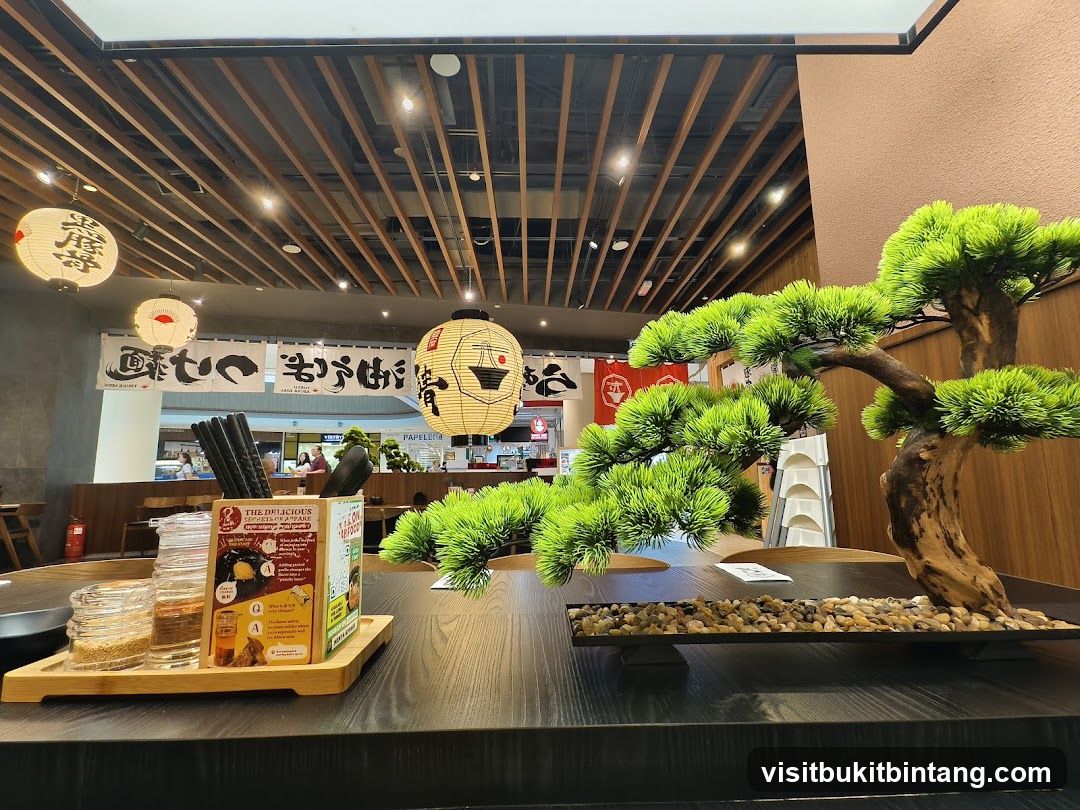 Restaurant Interior with Bonsai and Lanterns