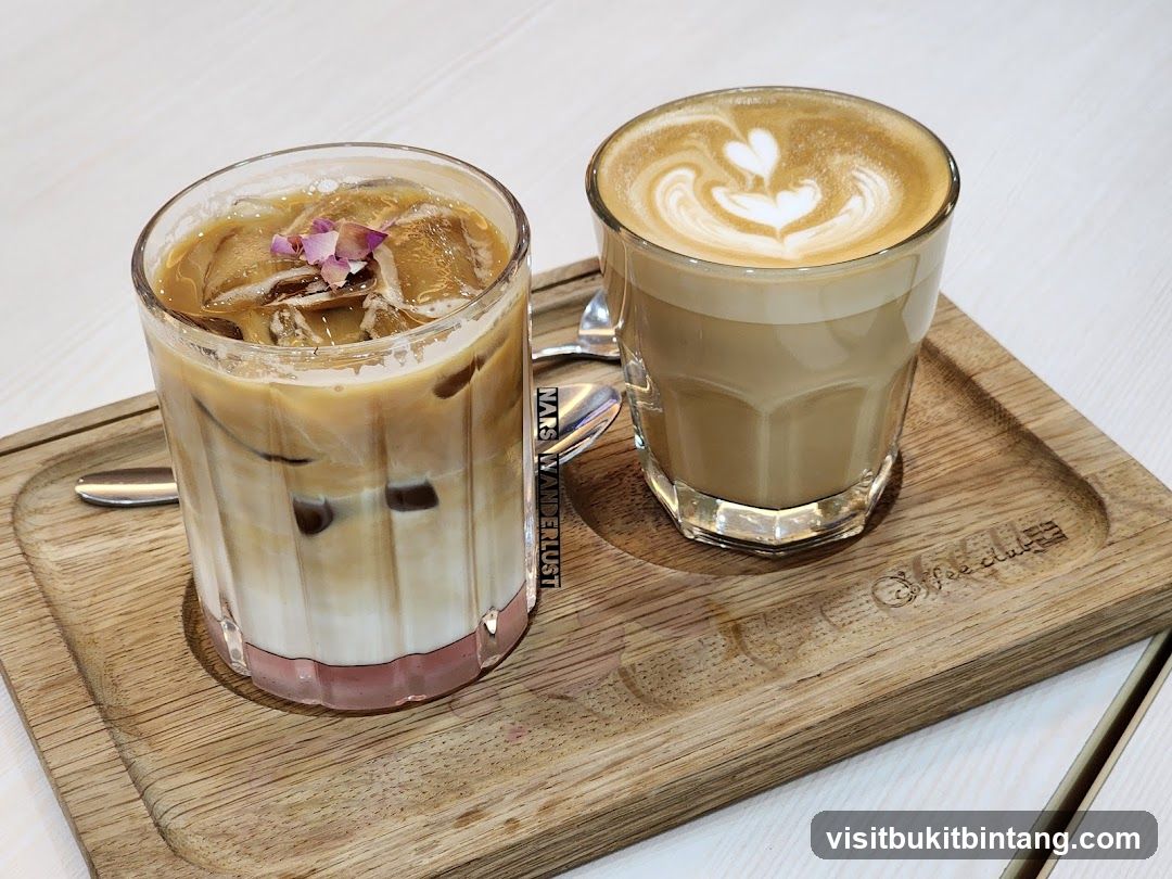 Two coffee drinks on a wooden tray