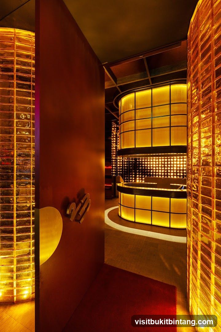 Interior of a dimly lit establishment with glowing yellow accents