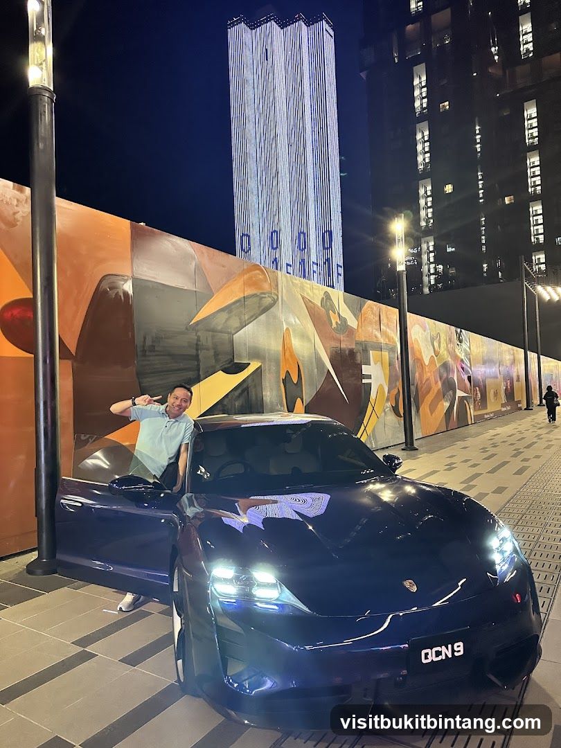Man Posing with a Blue Sports Car at Night
