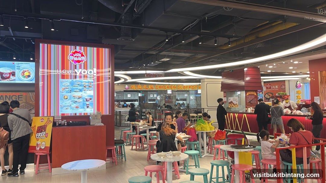 Food court with various stalls and seating
