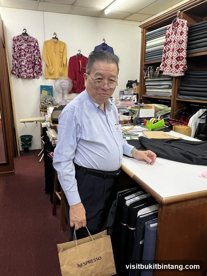 Tailor's shop with man holding shopping bag