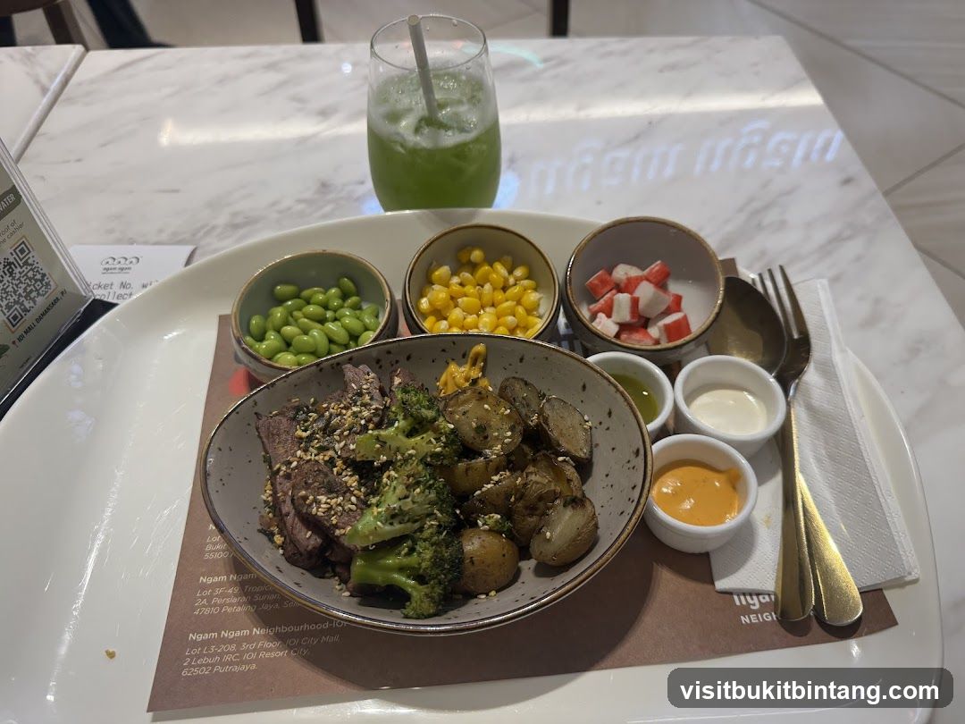 Steak and sides with a drink