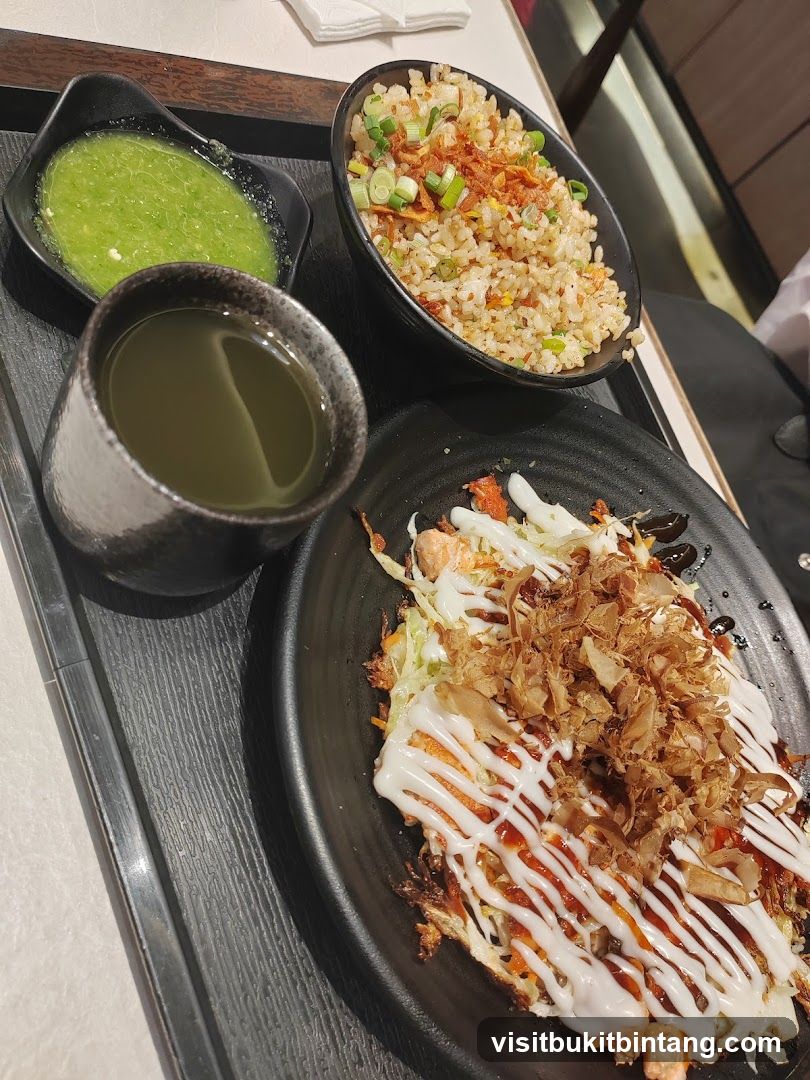 Okonomiyaki with Fried Rice and Dipping Sauce