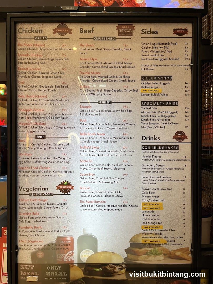 Chicken, Beef, Sides, Killer Wings, Specialty Fries, Drinks, KGB Milkshakes