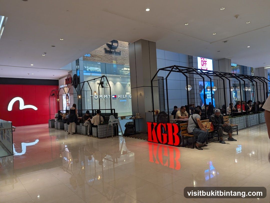 Indoor mall seating area with shops
