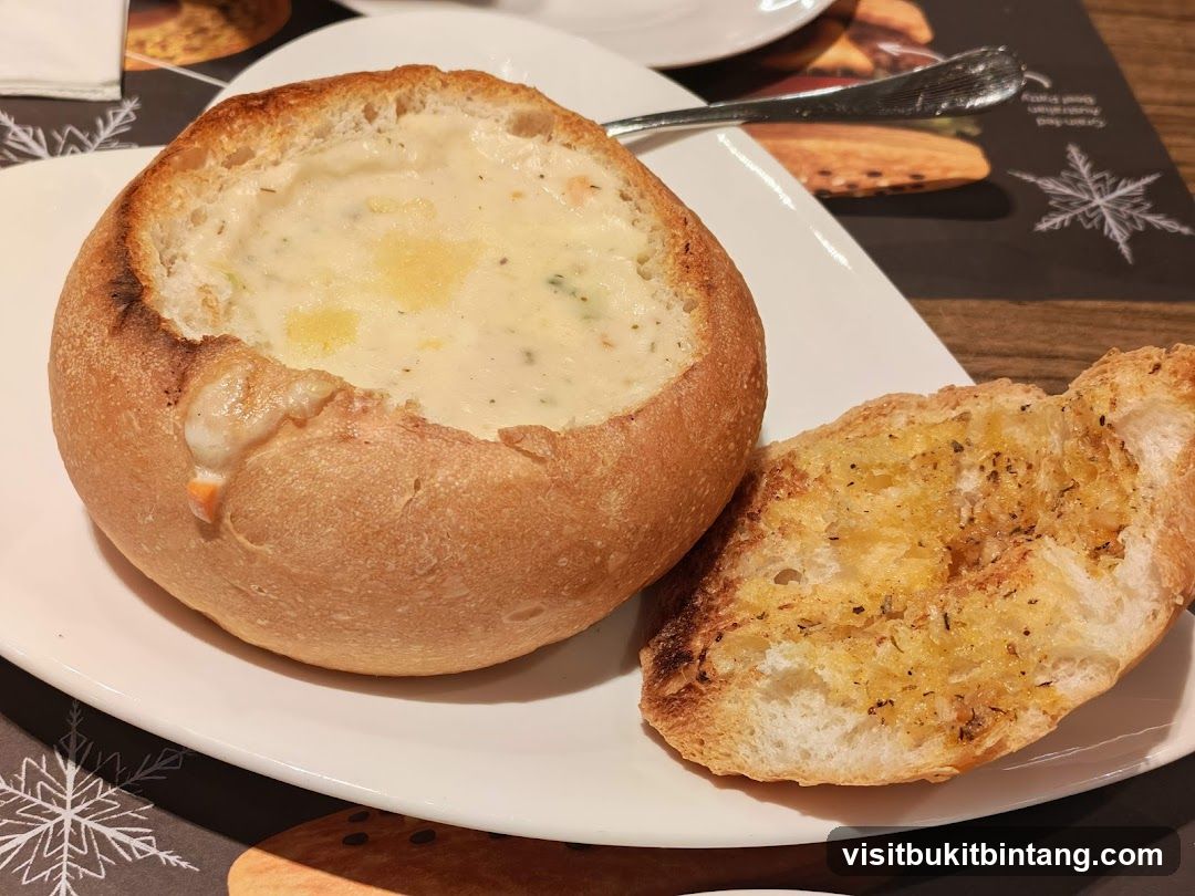Soup in a Bread Bowl with Garlic Bread