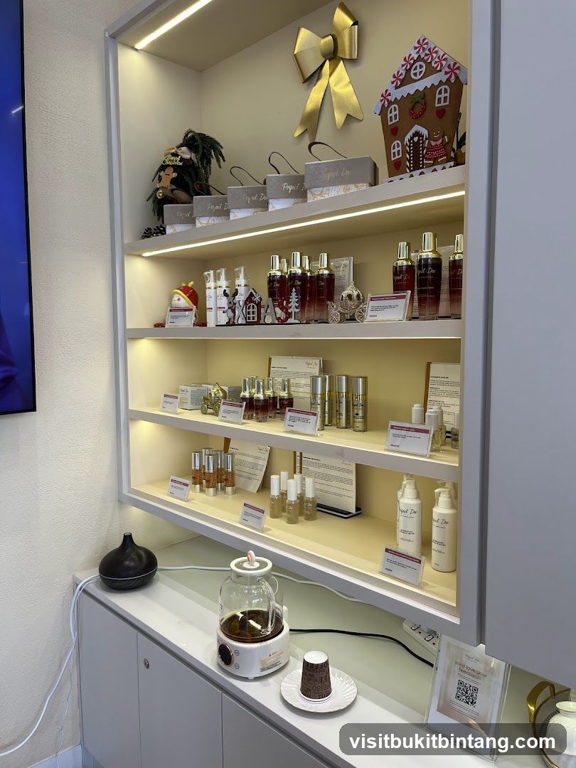 Christmas-themed display shelf with skincare products