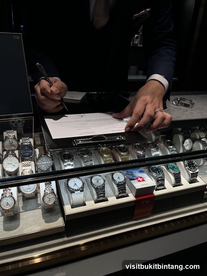 Salesperson filling out paperwork at a watch counter